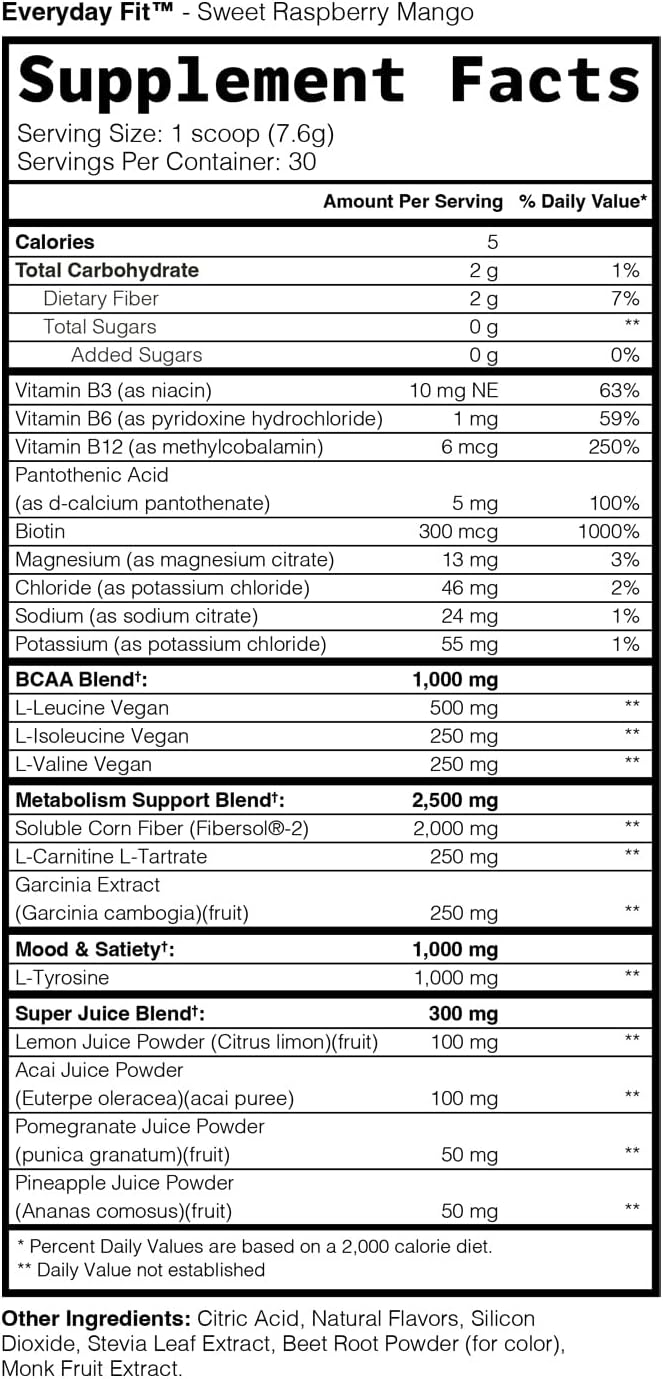 TRULEAN Everyday Fit Electrolyte Powder Drink with BCAA Blend - Sugar Free Amino Acid Supplement in Sweet Raspberry Mango Flavor - 30 Servings