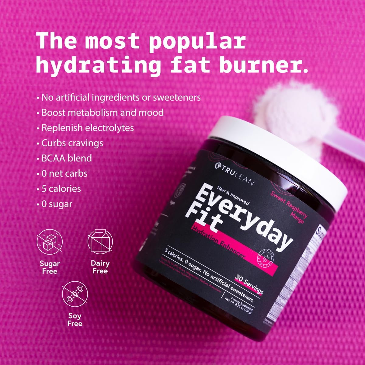TRULEAN Everyday Fit Electrolyte Powder Drink with BCAA Blend - Sugar Free Amino Acid Supplement in Sweet Raspberry Mango Flavor - 30 Servings