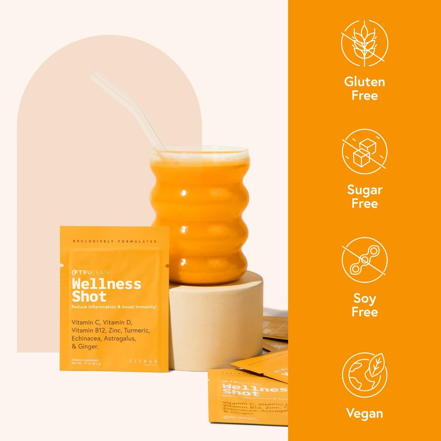 TRULEAN Everyday Wellness Immune Support and Vitamin Shot with Vitamin-C, Turmeric, Ginger, Zinc, & Echinacea - Sugar-Free & Gluten-Free - 30 Packets
