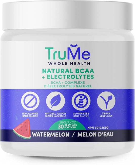 TruMe Natural BCAA Powder with Electrolytes - Vegan Post Workout Supplement - Sour Watermelon Flavor - Sugar & Gluten Free - Muscle Recovery & Hydration - 30 Servings