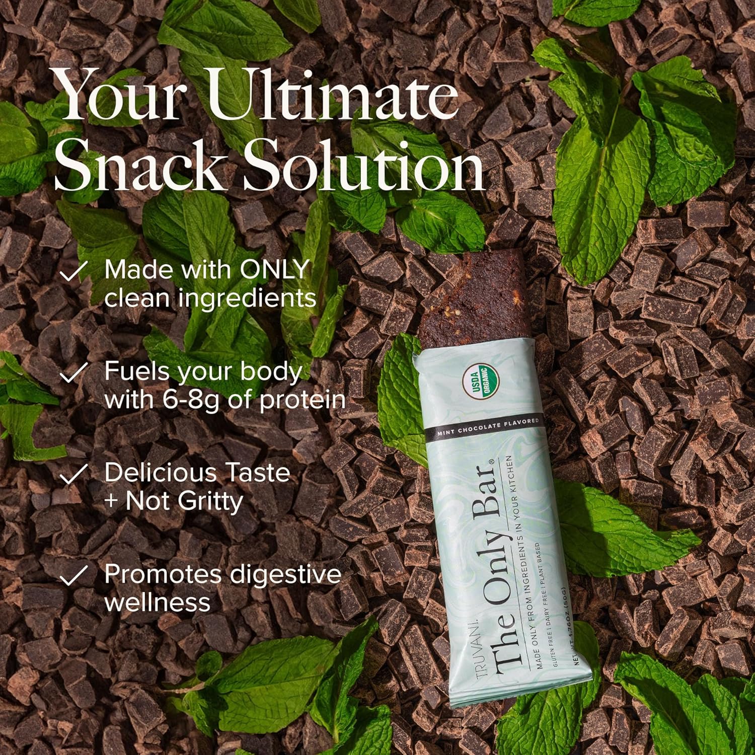 Truvani Chocolate Mint Plant Based Snack Bars - 4 Pack, 7g Protein, USDA Organic, Vegan, Individually Wrapped, Dairy/Soy/Gluten Free