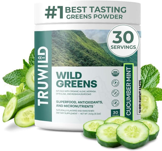 TruWild Greens Superfood Juice Powder - 22+ Greens & Anti-Oxidants - Cucumber Mint Flavor - Natural Immune, Stress, and Digestion Support - 30 Servings
