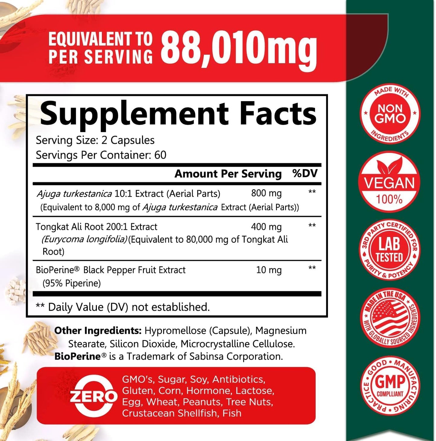 Turkesterone 8,000mg Supplement with BioPerine® & Tongkat Ali - Boost Stamina, Muscle Growth, Recovery - High Absorption Formula, 3rd Party Tested - 2 Months Supply