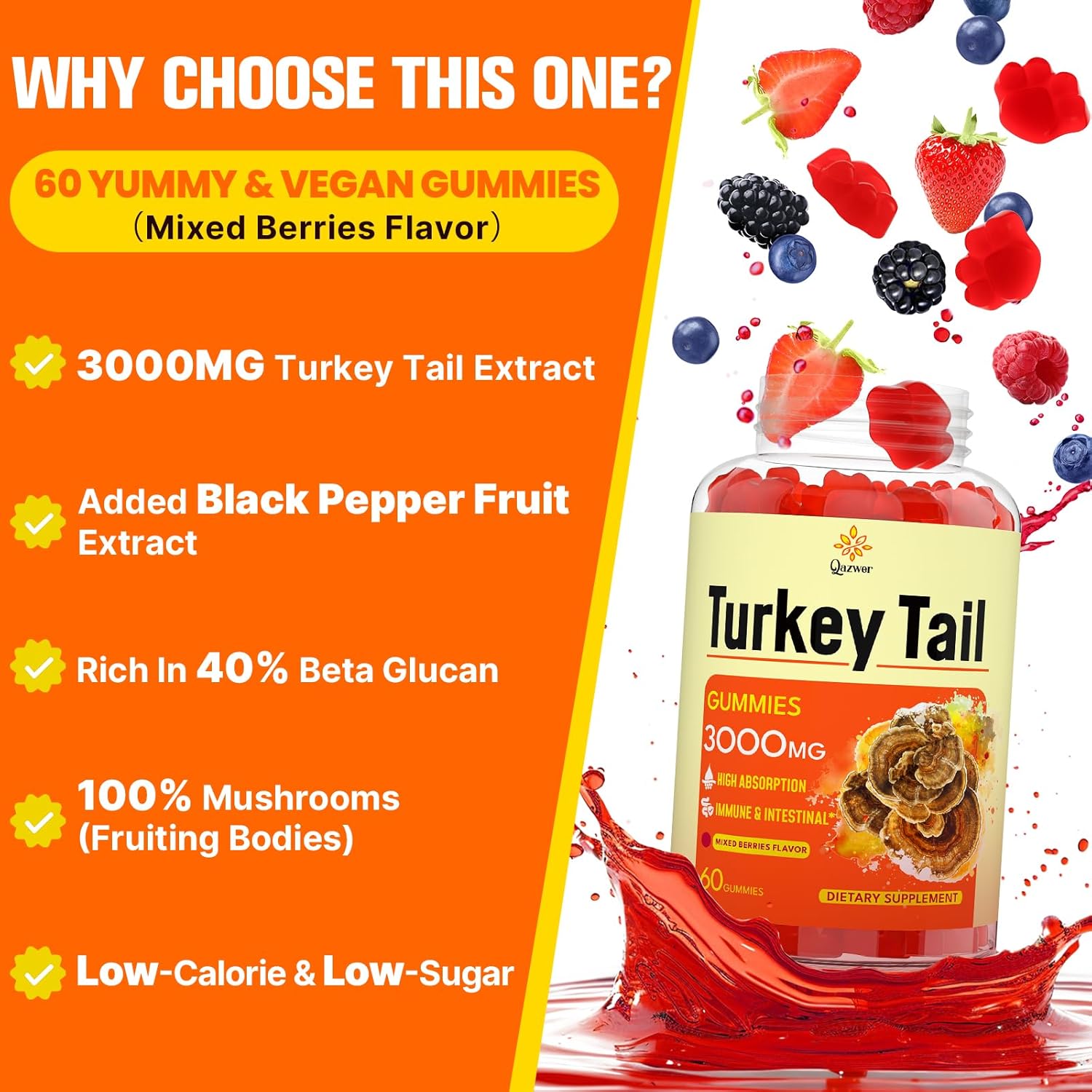 Turkey Tail Mushroom Gummies with Black Pepper for Gut, Energy, Brain & Immune Support - Mixed Berries Flavor - 60ct Vegan Non-GMO Supplement