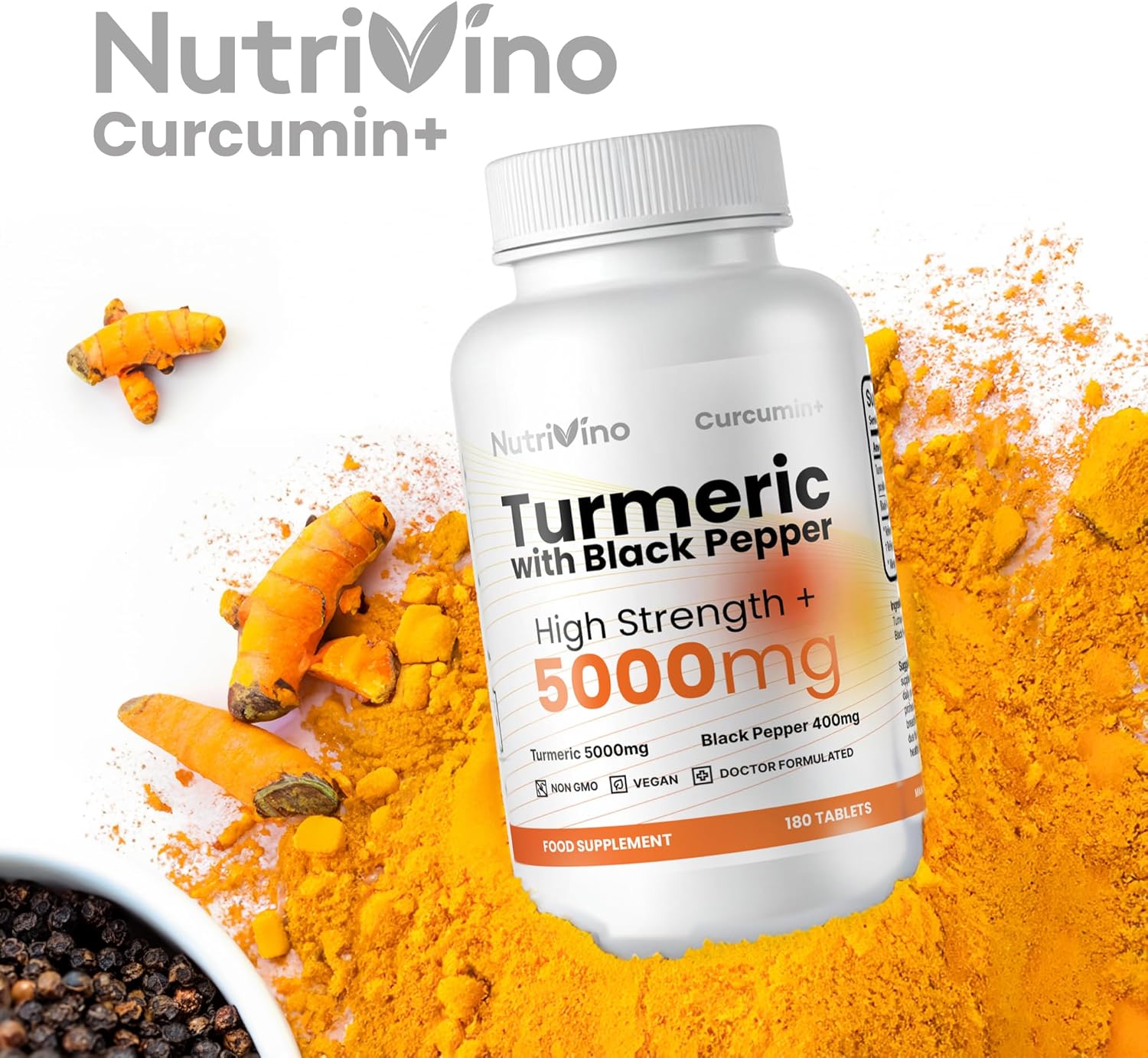 Turmeric and Black Pepper Tablets 5000mg | 95% Curcumin Extract | 180 Vegan Capsules | Men and Women's Supplements