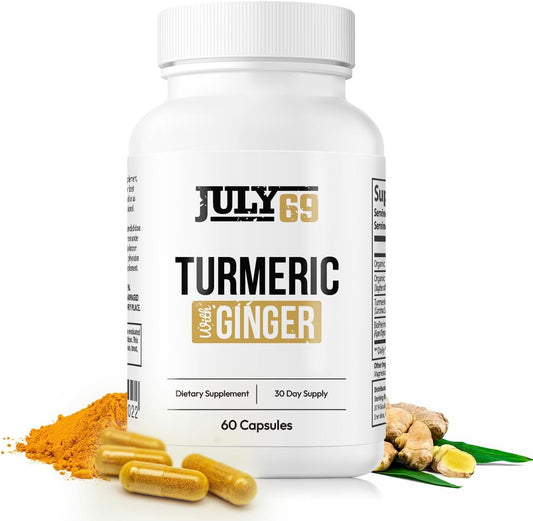 Turmeric and Ginger Capsules with BioPerine - Natural Dietary Supplement with 95% Curcuminoids - 60 Herbal Capsules for Wellness