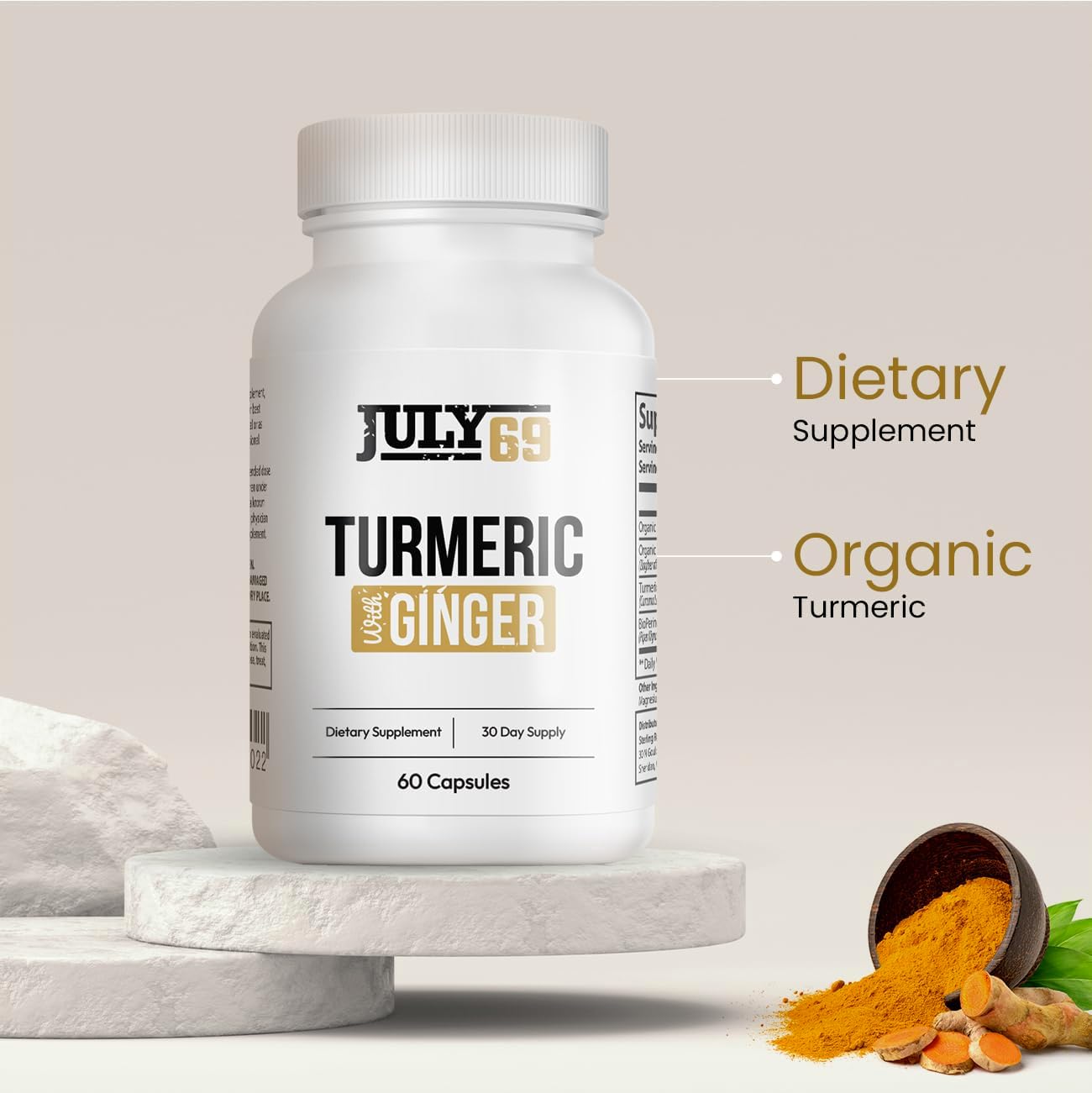 Turmeric and Ginger Capsules with BioPerine - Natural Dietary Supplement with 95% Curcuminoids - 60 Herbal Capsules for Wellness