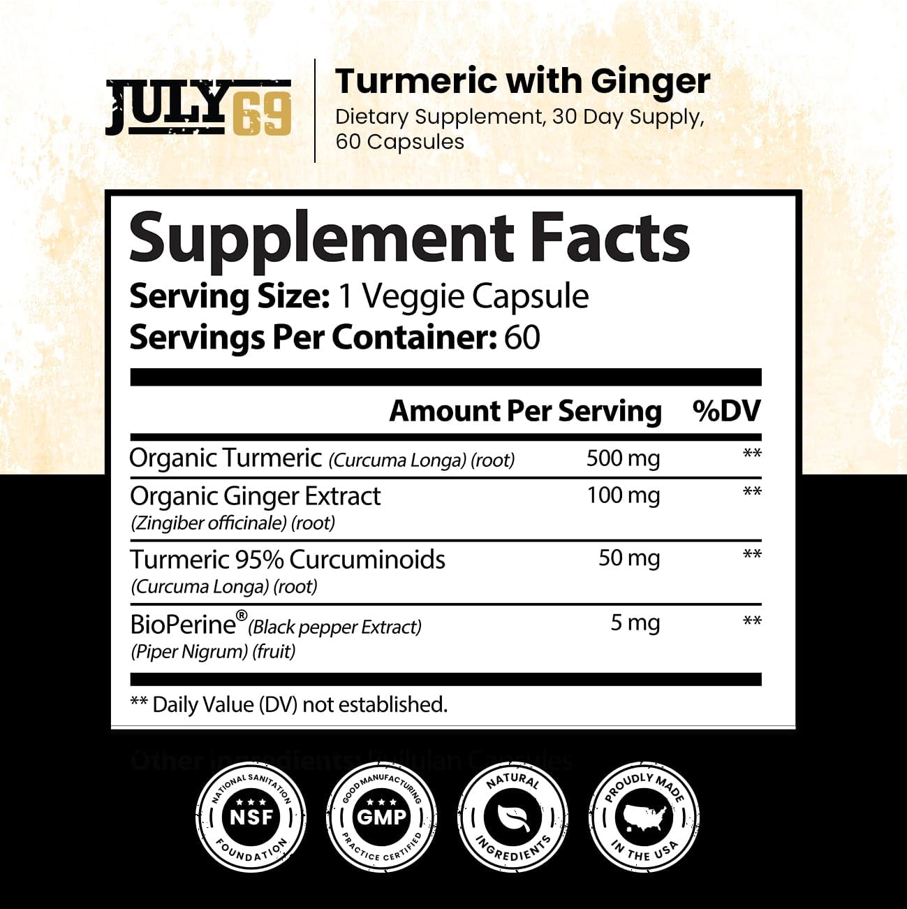 Turmeric and Ginger Capsules with BioPerine - Natural Dietary Supplement with 95% Curcuminoids - 60 Herbal Capsules for Wellness