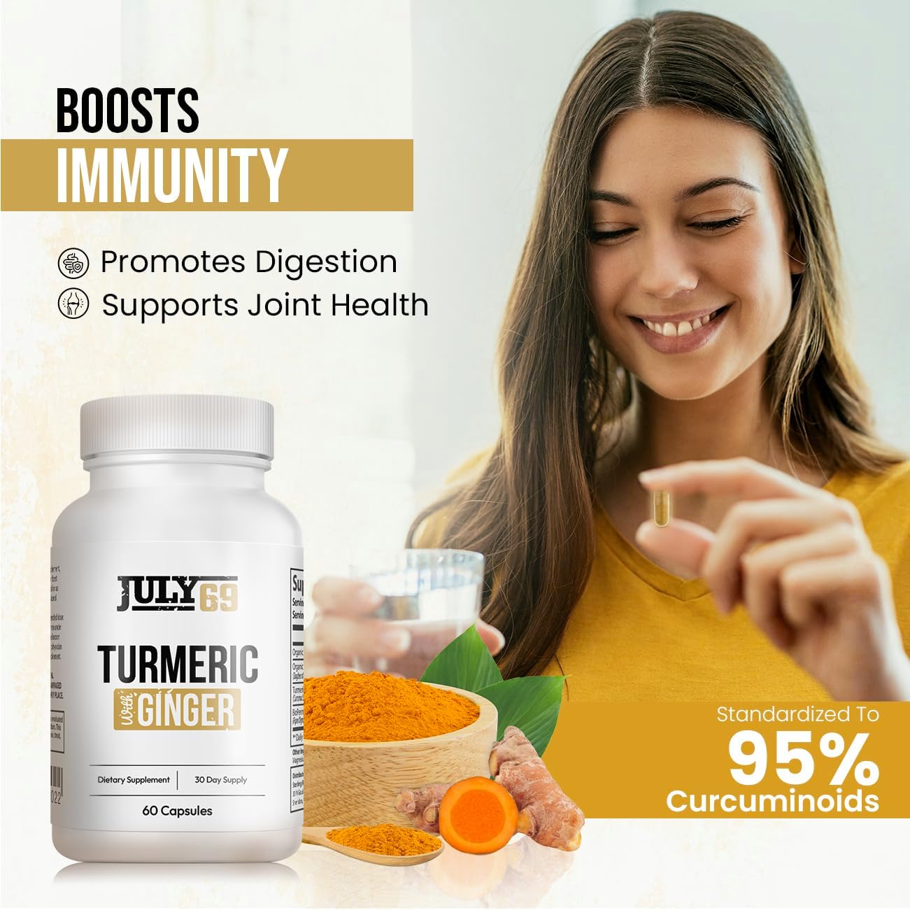Turmeric and Ginger Capsules with BioPerine - Natural Dietary Supplement with 95% Curcuminoids - 60 Herbal Capsules for Wellness