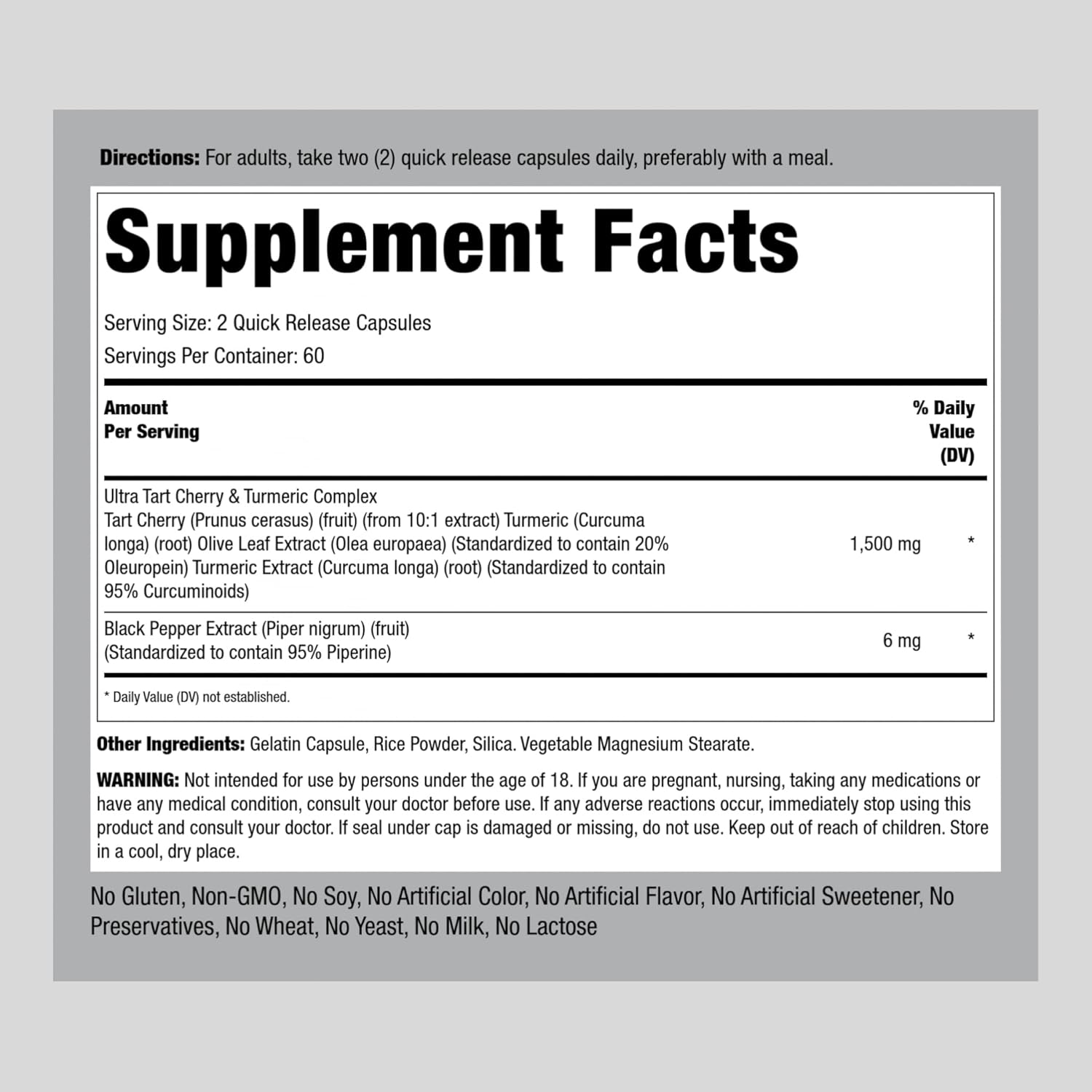 Turmeric and Tart Cherry Capsules with Black Pepper Extract - 120 Count | Vegetarian, Non-GMO, Gluten Free Supplement by Piping Rock