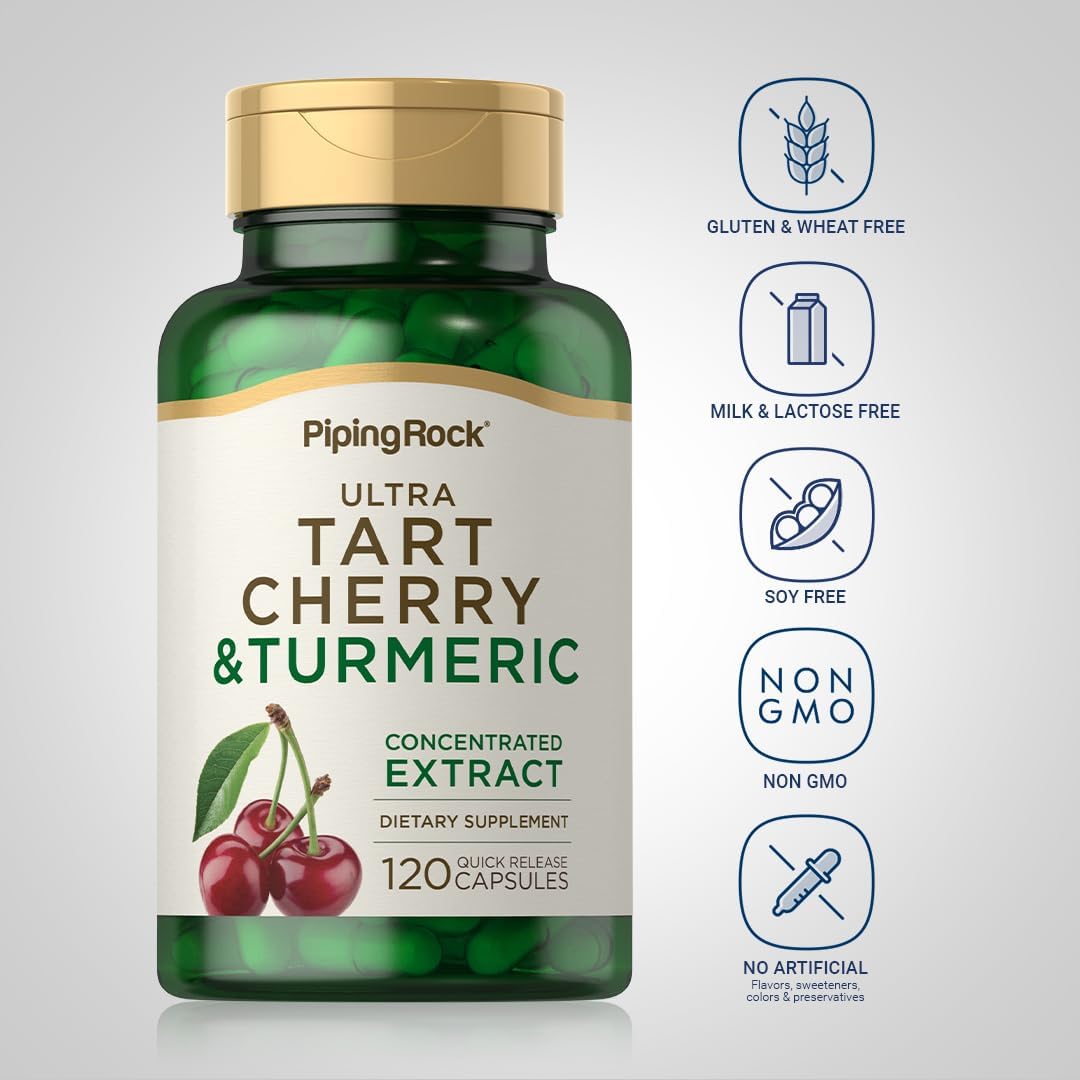 Turmeric and Tart Cherry Capsules with Black Pepper Extract - 120 Count | Vegetarian, Non-GMO, Gluten Free Supplement by Piping Rock