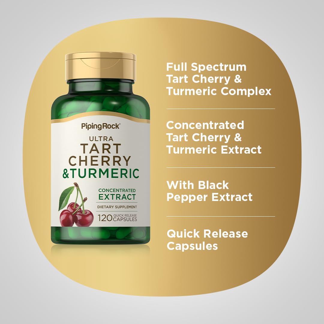 Turmeric and Tart Cherry Capsules with Black Pepper Extract - 120 Count | Vegetarian, Non-GMO, Gluten Free Supplement by Piping Rock