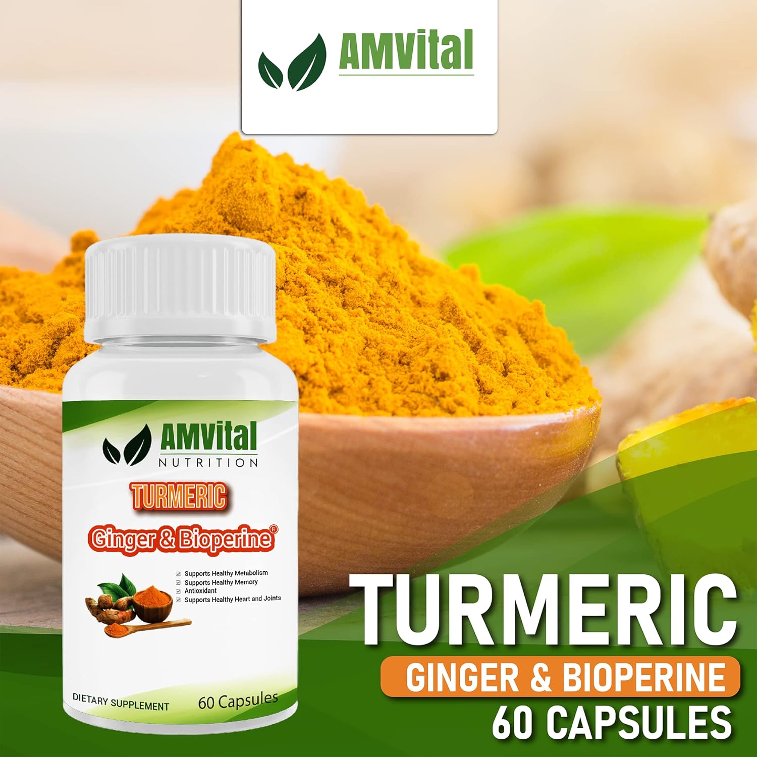 Turmeric Capsules with Ginger & BioPerine - Joint & Immune Support - 60 Capsules