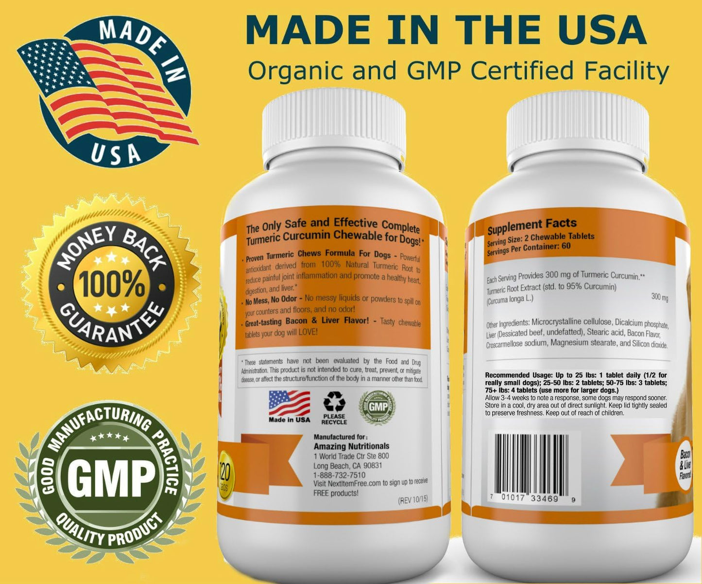 Turmeric Chews for Dogs - Natural Curcumin Pet Antioxidant, Relieves Joint Pain and Inflammation, 120 Treats