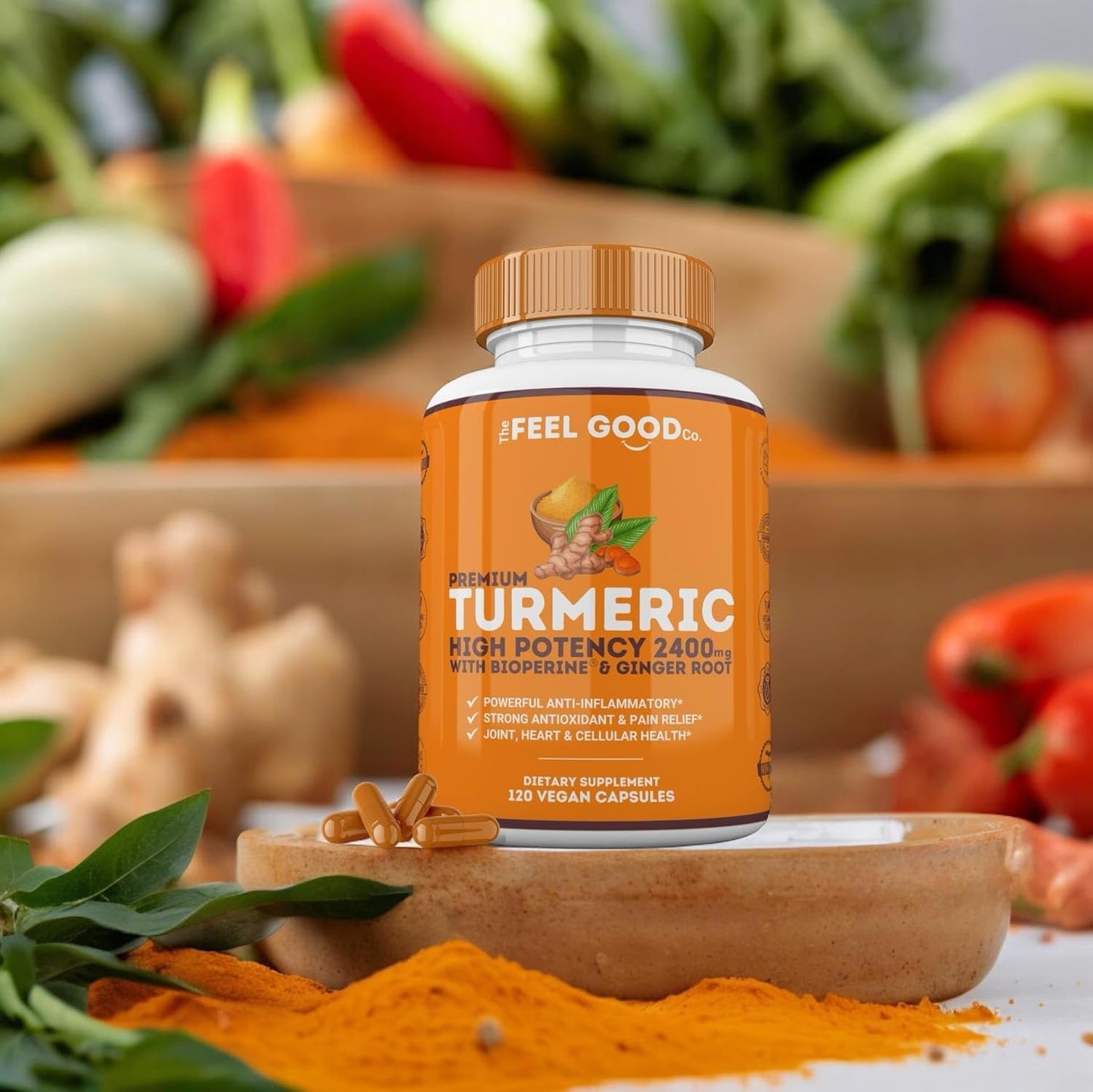 Turmeric Circumin 2400mg with BioPerine for Brain & Joint Support - 120 Vegan Capsules by The Feel Good Co.