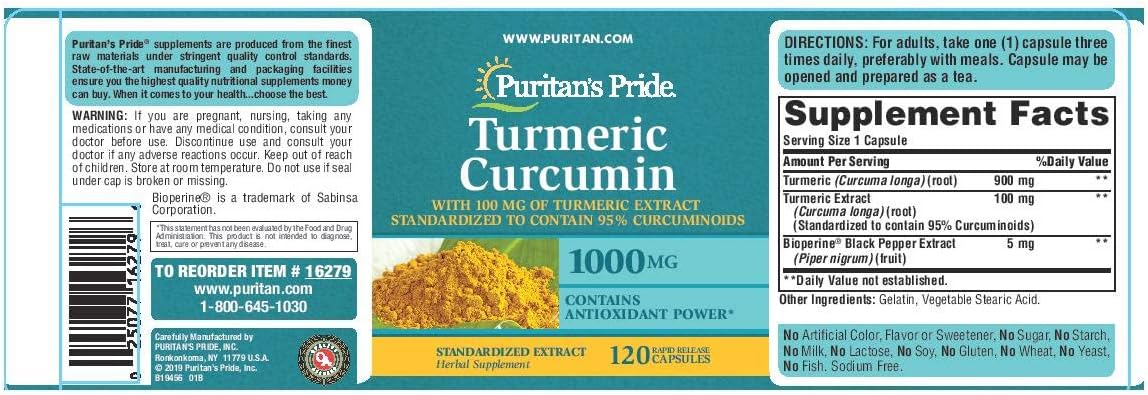 Turmeric Curcumin 1000mg Supplement for Antioxidant Health - 120 Capsules by Puritan's Pride
