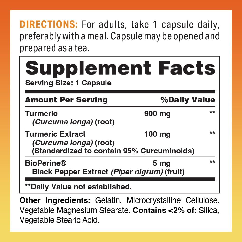 Turmeric Curcumin 1000mg with BioPerine Black Pepper Extract, 95% Curcuminoids, Antioxidant & Joint Support, Gluten-Free - 60 Capsules