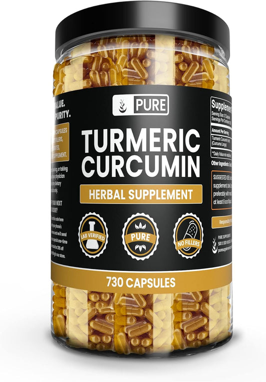 Turmeric Curcumin 730 Capsules - Pure Ingredients, No Magnesium or Rice Fillers, Lab Verified