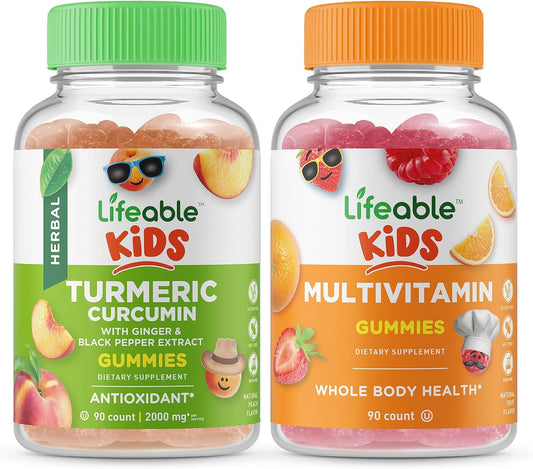 Turmeric Curcumin and Multivitamin Gummies Bundle for Kids - Gluten-Free and GMO-Free Chewable Supplements with Great Taste