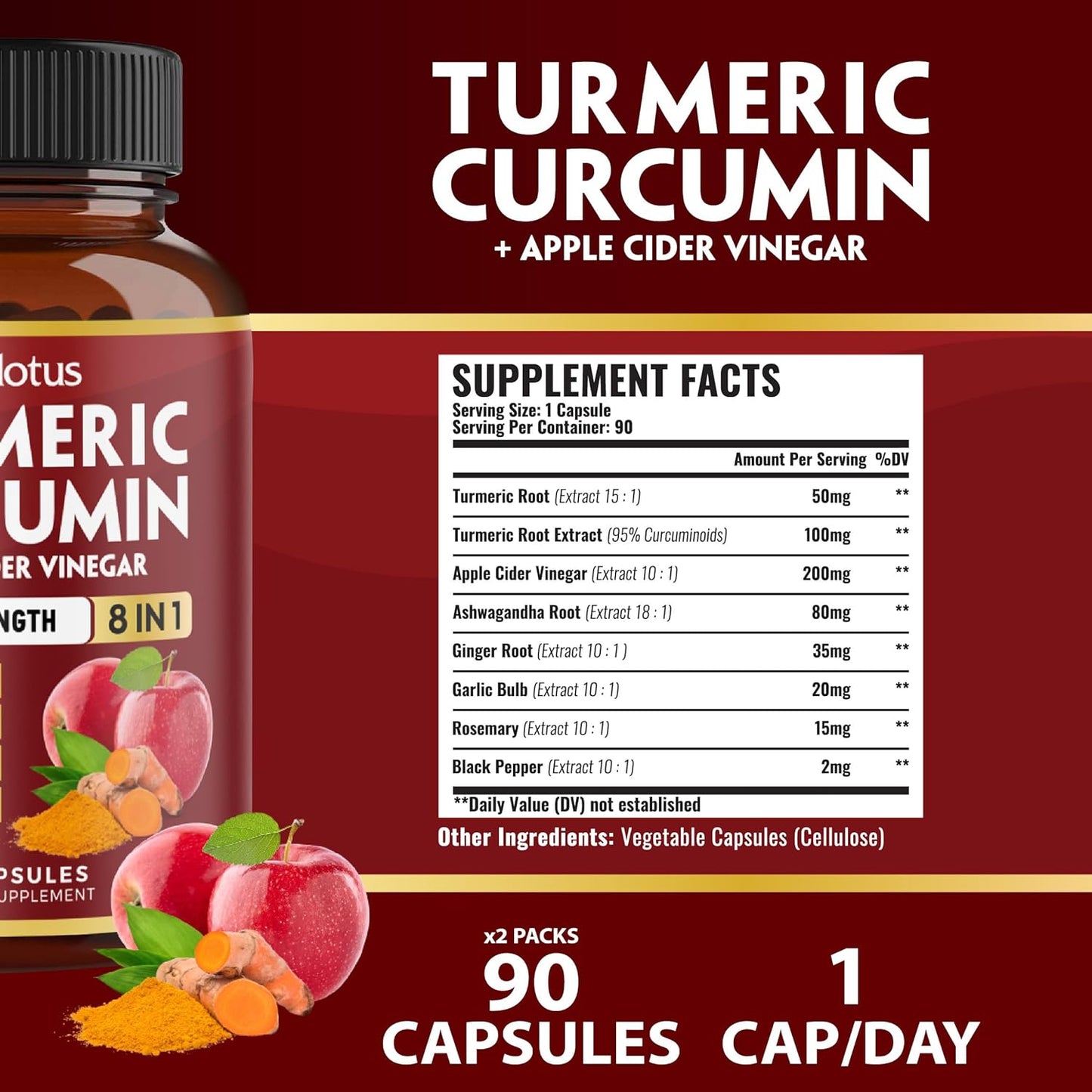 Turmeric Curcumin & Apple Cider Vinegar Capsules - 2 Packs, 90 Capsules Each, 6-Month Supply with Ashwagandha & Ginger - Joint Support & Absorption Boost - 95% Standardized Curcuminoids