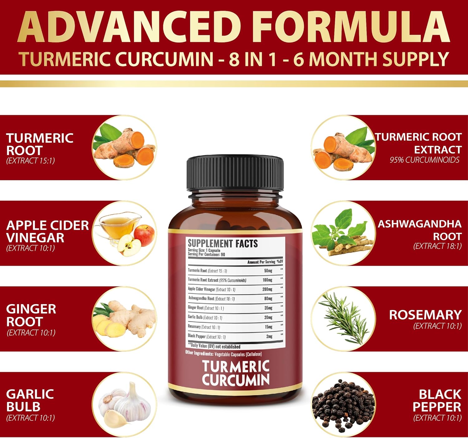 Turmeric Curcumin & Apple Cider Vinegar Capsules - 2 Packs, 90 Capsules Each, 6-Month Supply with Ashwagandha & Ginger - Joint Support & Absorption Boost - 95% Standardized Curcuminoids