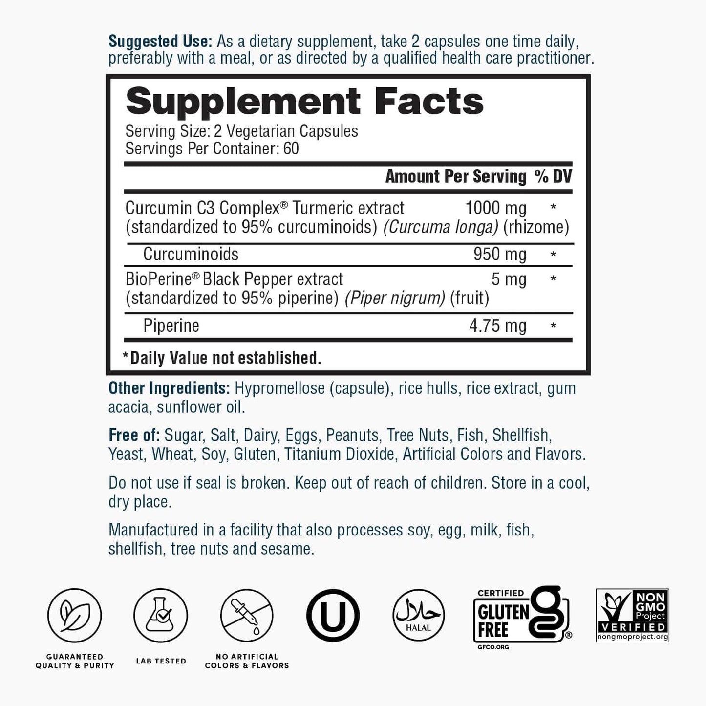 Turmeric Curcumin C3 Complex 1000mg with BioPerine - 95% Standardized Turmeric Extract for Cardiovascular, Immune, Joint, Skin Health - 120 Capsules