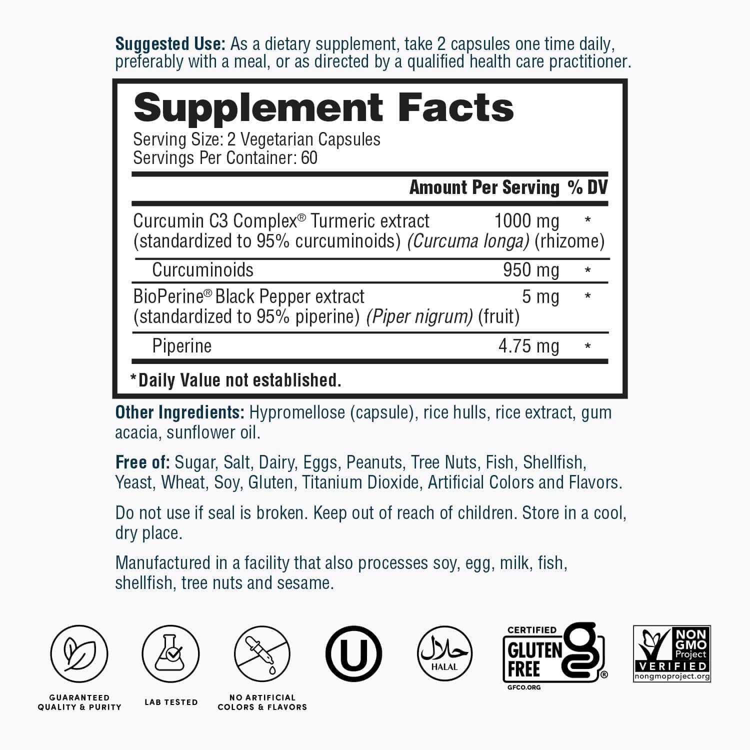 Turmeric Curcumin C3 Complex 1000mg with BioPerine - 95% Standardized Turmeric Extract for Cardiovascular, Immune, Joint, Skin Health - 120 Capsules