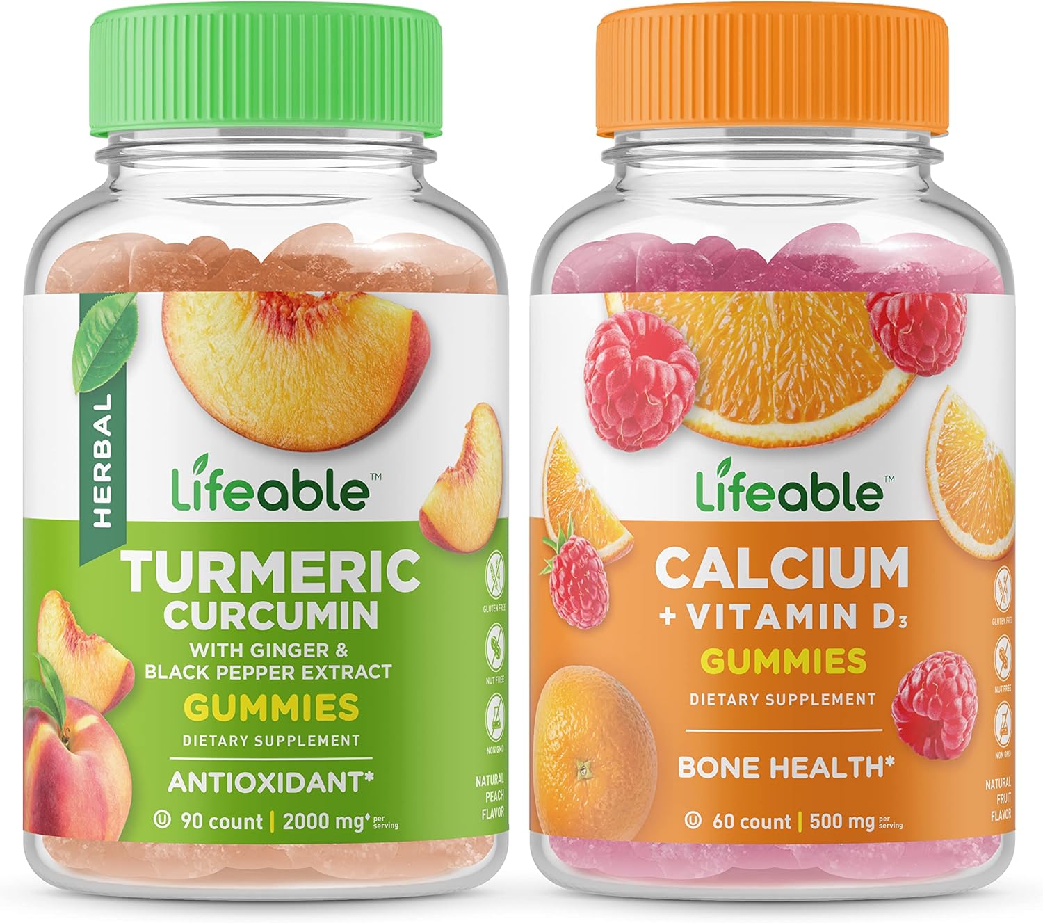 Turmeric Curcumin + Calcium with Vitamin D Gummies Bundle - Gluten Free, GMO Free, Chewable Lifeable Supplement