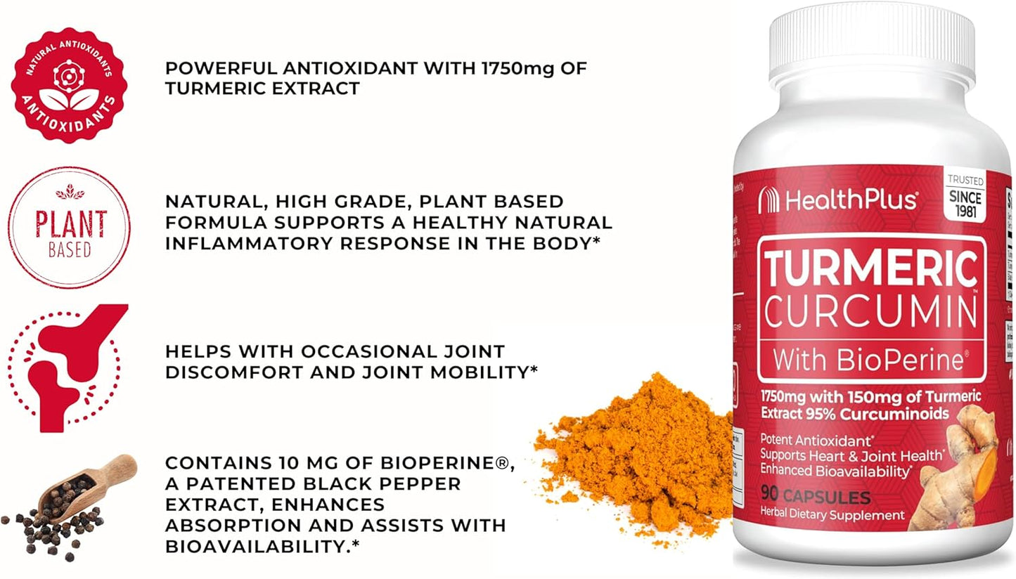 Turmeric Curcumin Capsules for Enhanced Health, 90 Count, 30-Day Supply