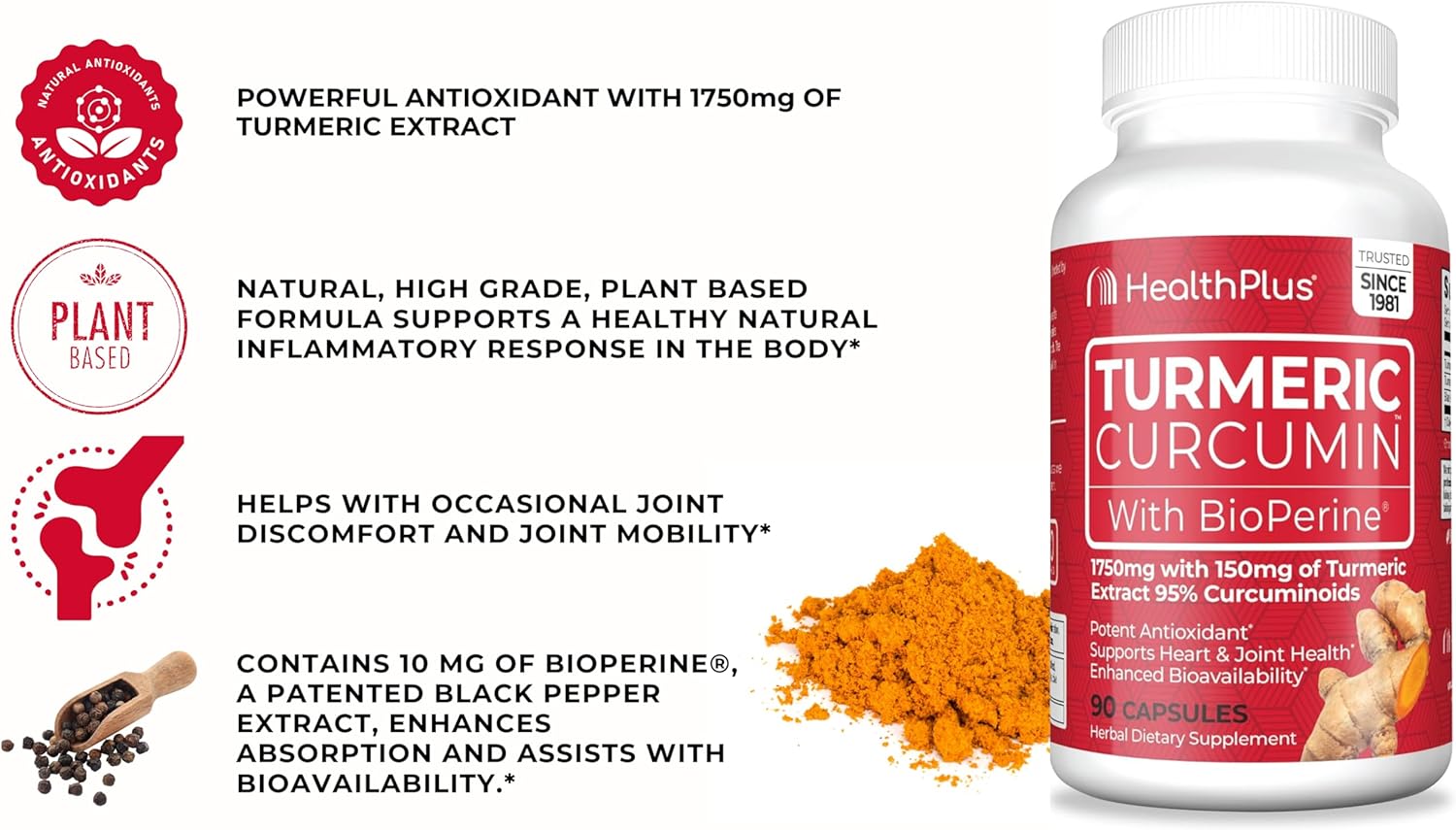 Turmeric Curcumin Capsules for Enhanced Health, 90 Count, 30-Day Supply