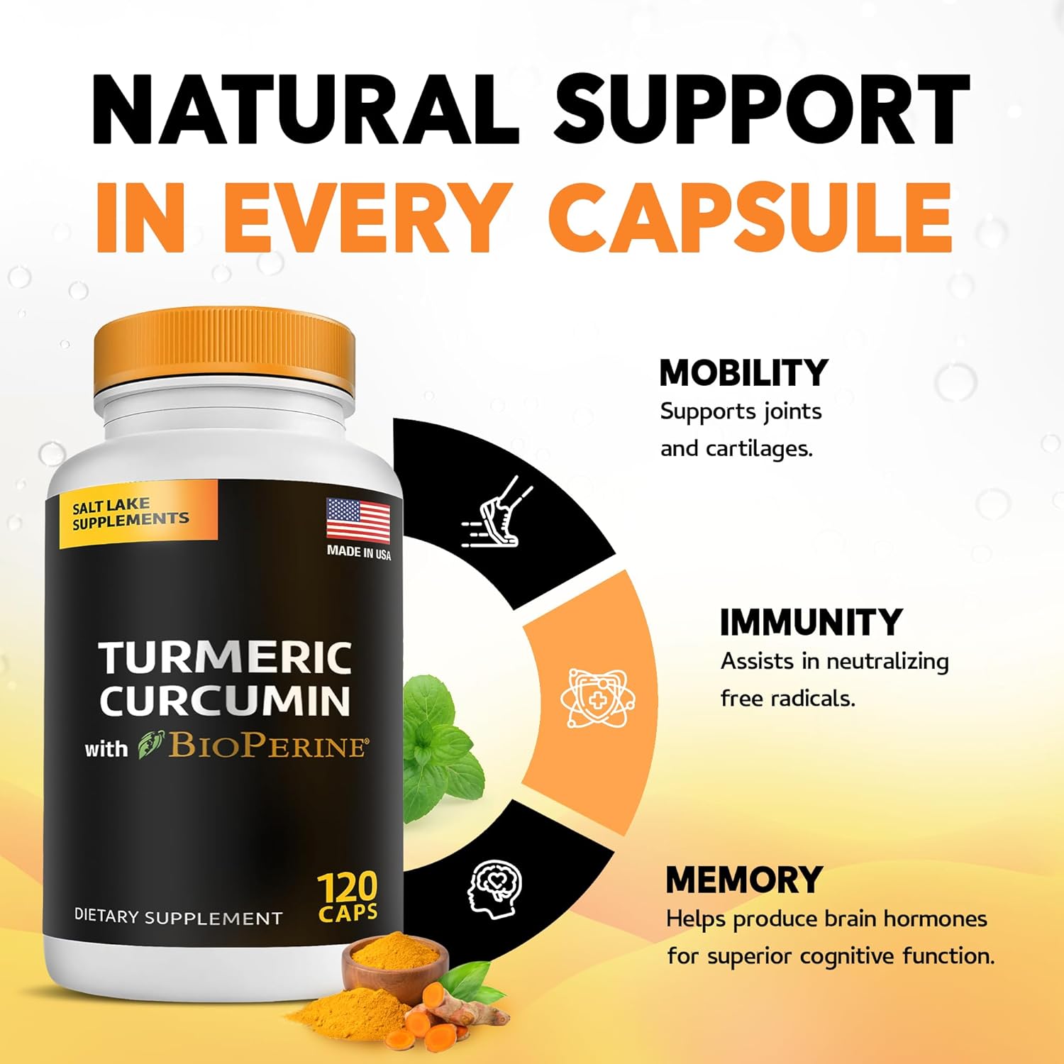 Turmeric Curcumin Capsules with BioPerine for Immunity Support - 95% Curcuminoids - 120 Count