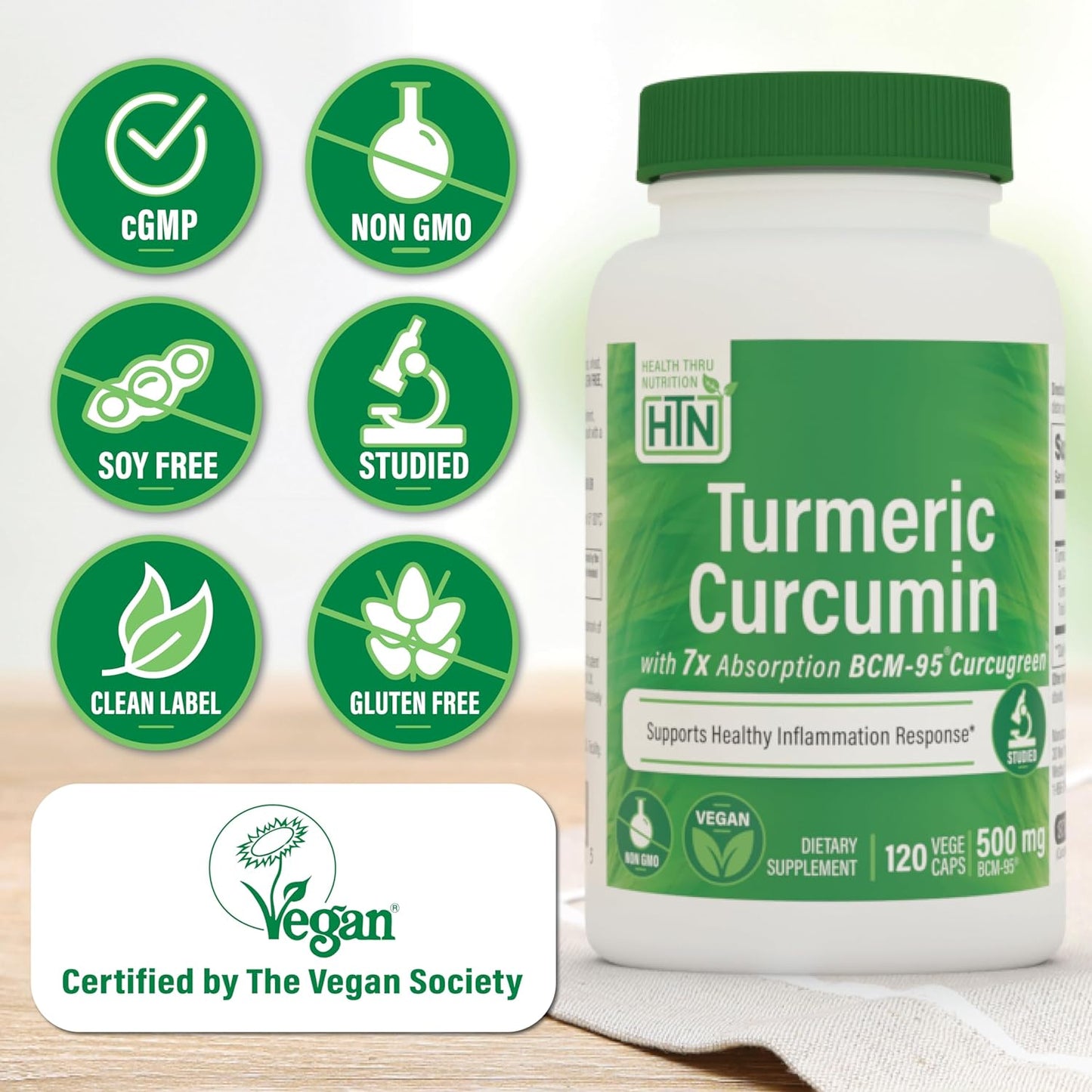 Turmeric Curcumin Complex 500mg with BCM-95 Curcugreen | Vegan Certified | Non-GMO & Hypoallergenic | Pack of 120