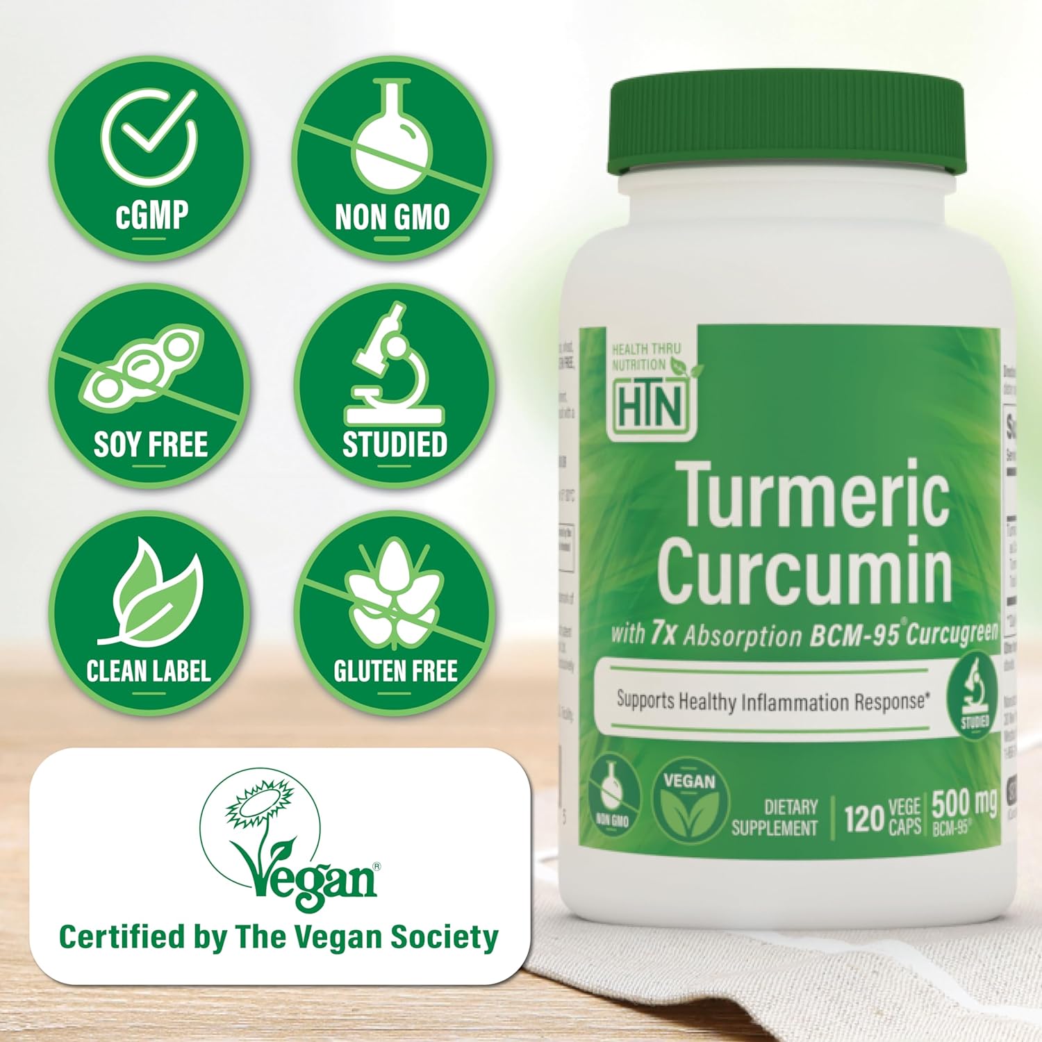 Turmeric Curcumin Complex 500mg with BCM-95 Curcugreen | Vegan Certified | Non-GMO & Hypoallergenic | Pack of 120