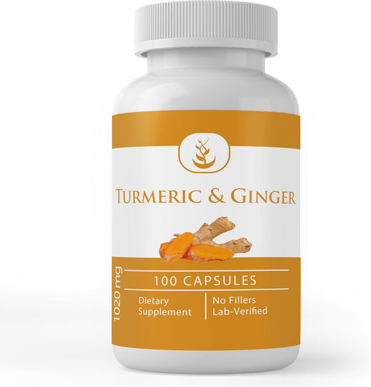 Turmeric Curcumin & Ginger Capsules - Pure Ingredients, No Additives, Lab Verified (100 Capsules)