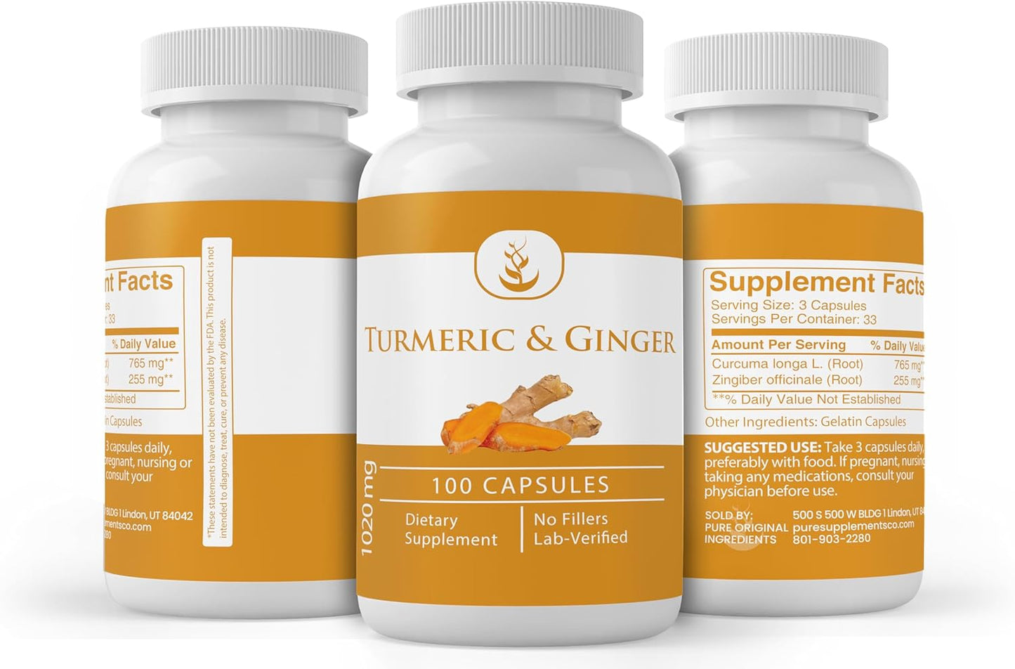Turmeric Curcumin & Ginger Capsules - Pure Ingredients, No Additives, Lab Verified (100 Capsules)