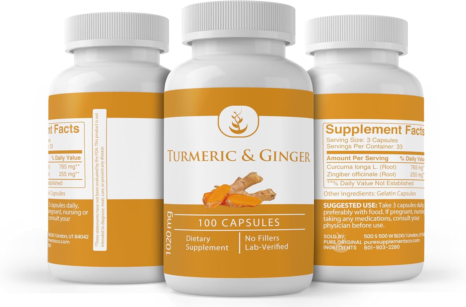 Turmeric Curcumin & Ginger Capsules - Pure Ingredients, No Additives, Lab Verified (100 Capsules)
