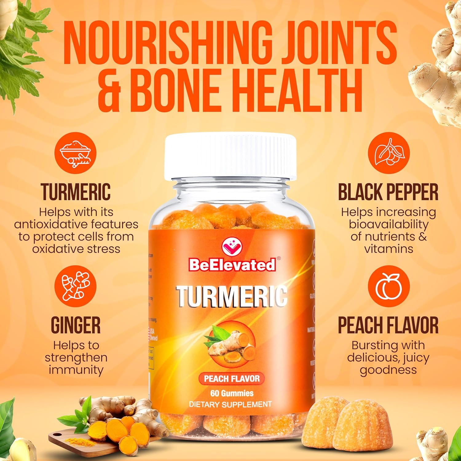 Turmeric Curcumin Gummies 2000mg 8:1 Extract with Black Pepper & Ginger - Joint Support Vegan Chewable Supplement - Peach Flavor