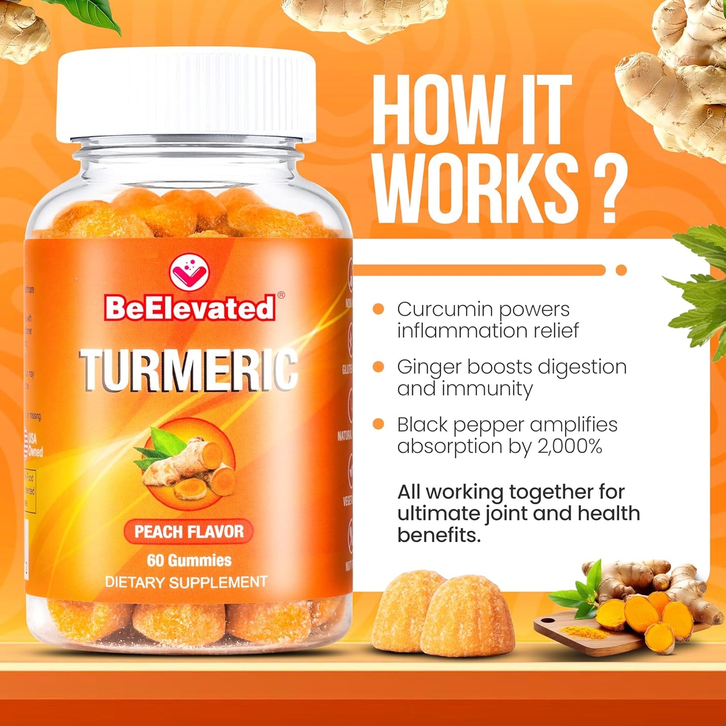 Turmeric Curcumin Gummies 2000mg 8:1 Extract with Black Pepper & Ginger - Joint Support Vegan Chewable Supplement - Peach Flavor