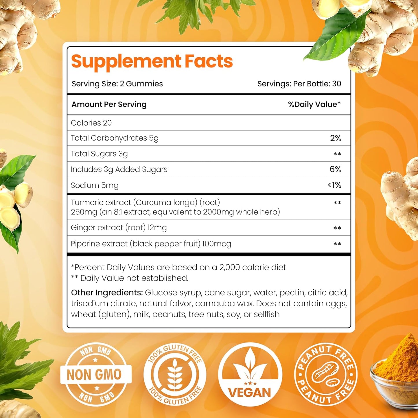 Turmeric Curcumin Gummies 2000mg 8:1 Extract with Black Pepper & Ginger - Joint Support Vegan Chewable Supplement - Peach Flavor