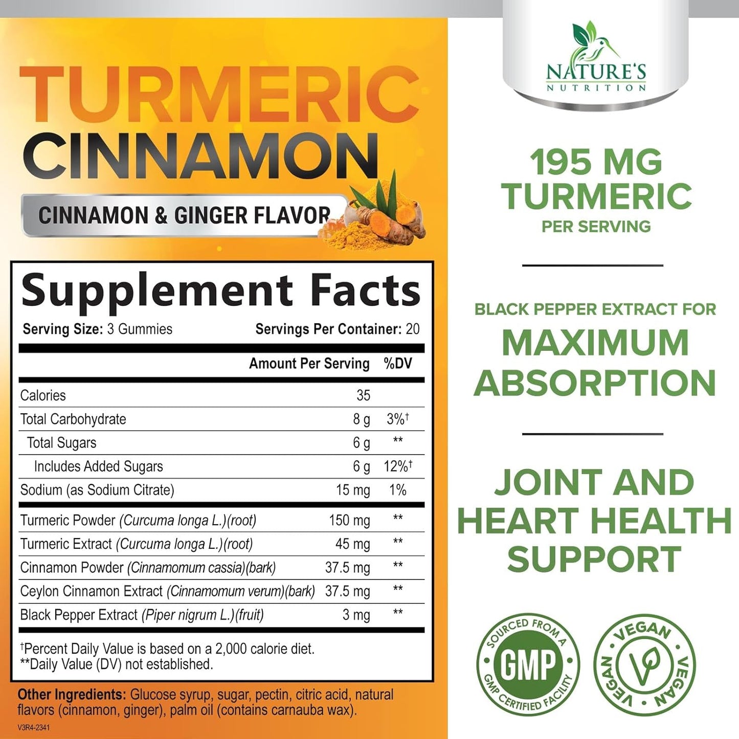 Turmeric Curcumin Gummies with Cinnamon, Ginger & Black Pepper Extract - Joint Support Supplement with 95% Curcuminoids - Vegan Non-GMO - 60 Gummies