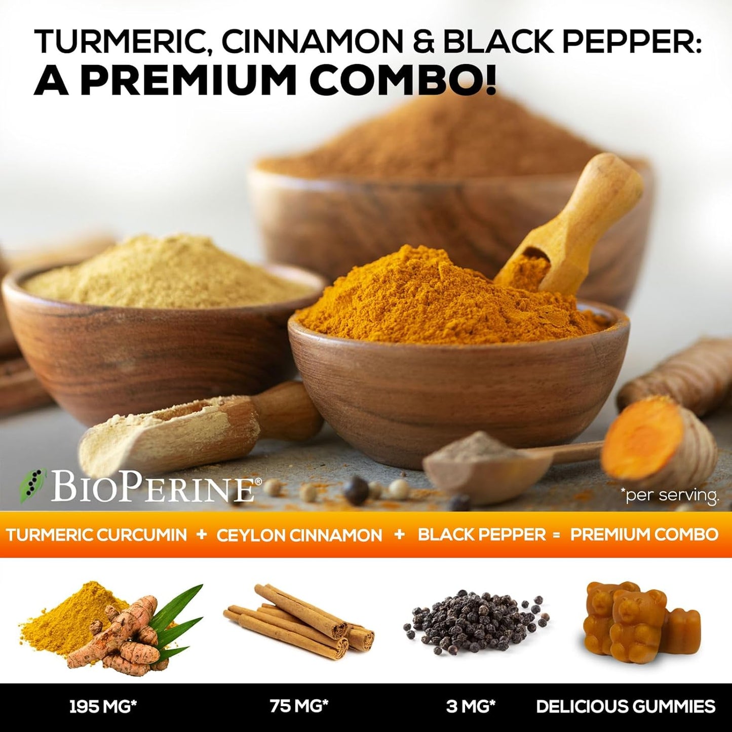 Turmeric Curcumin Gummies with Cinnamon, Ginger & Black Pepper Extract - Joint Support Supplement with 95% Curcuminoids - Vegan Non-GMO - 60 Gummies