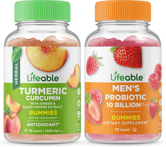 Turmeric Curcumin & Men's Probiotic Gummies Bundle - Vitamin Supplement, Gluten-Free, GMO-Free, Chewable, Great Taste
