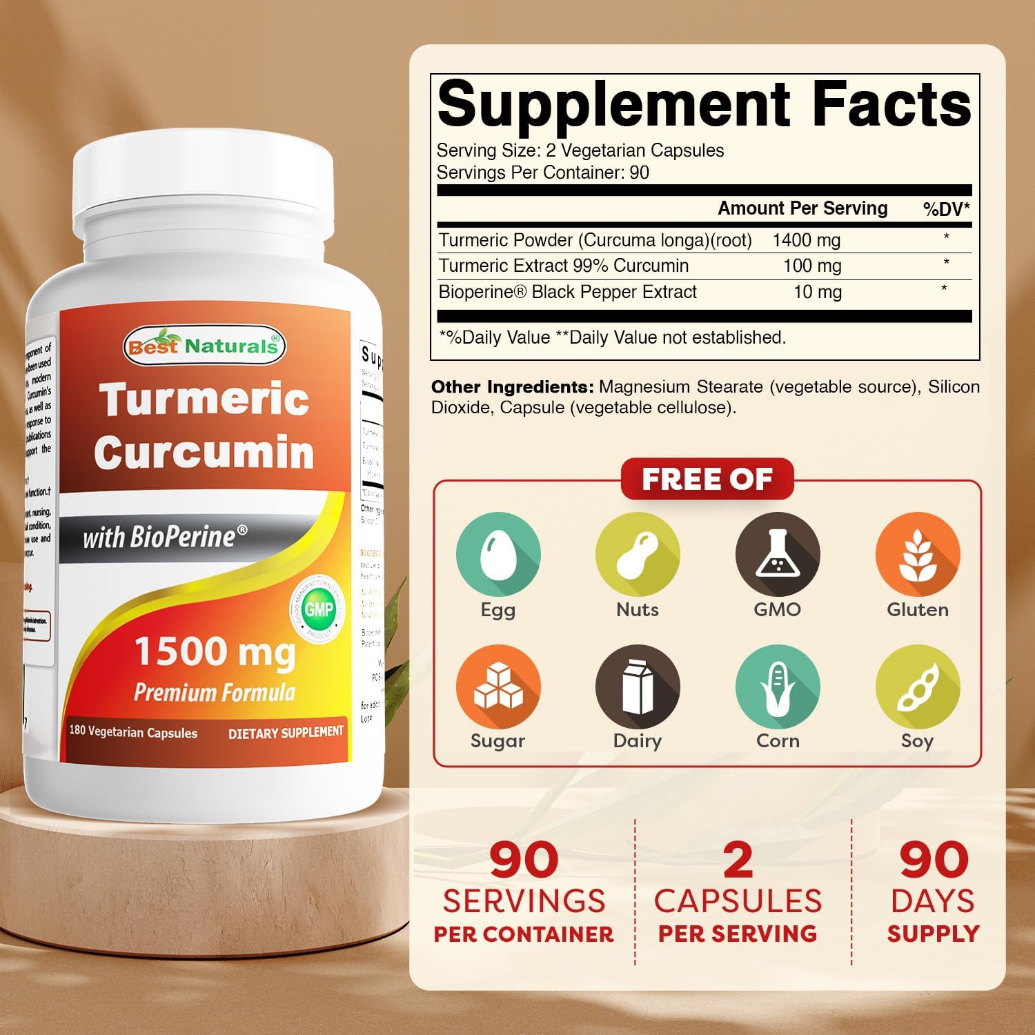 Turmeric Curcumin Supplement - 1500mg with Bioperine for Enhanced Absorption - 180 Veggie Capsules