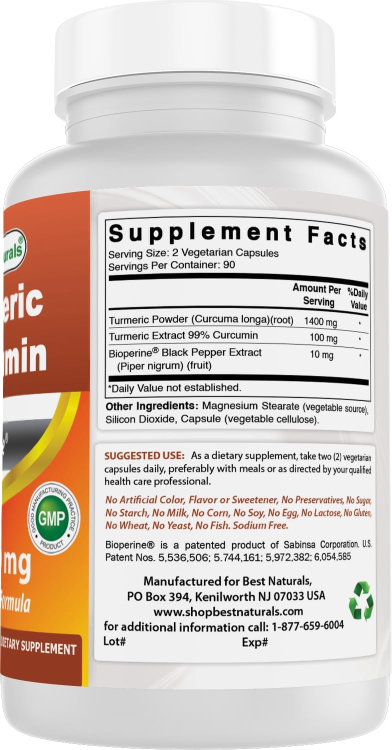 Turmeric Curcumin Supplement - 1500mg with Bioperine for Enhanced Absorption - 180 Veggie Capsules