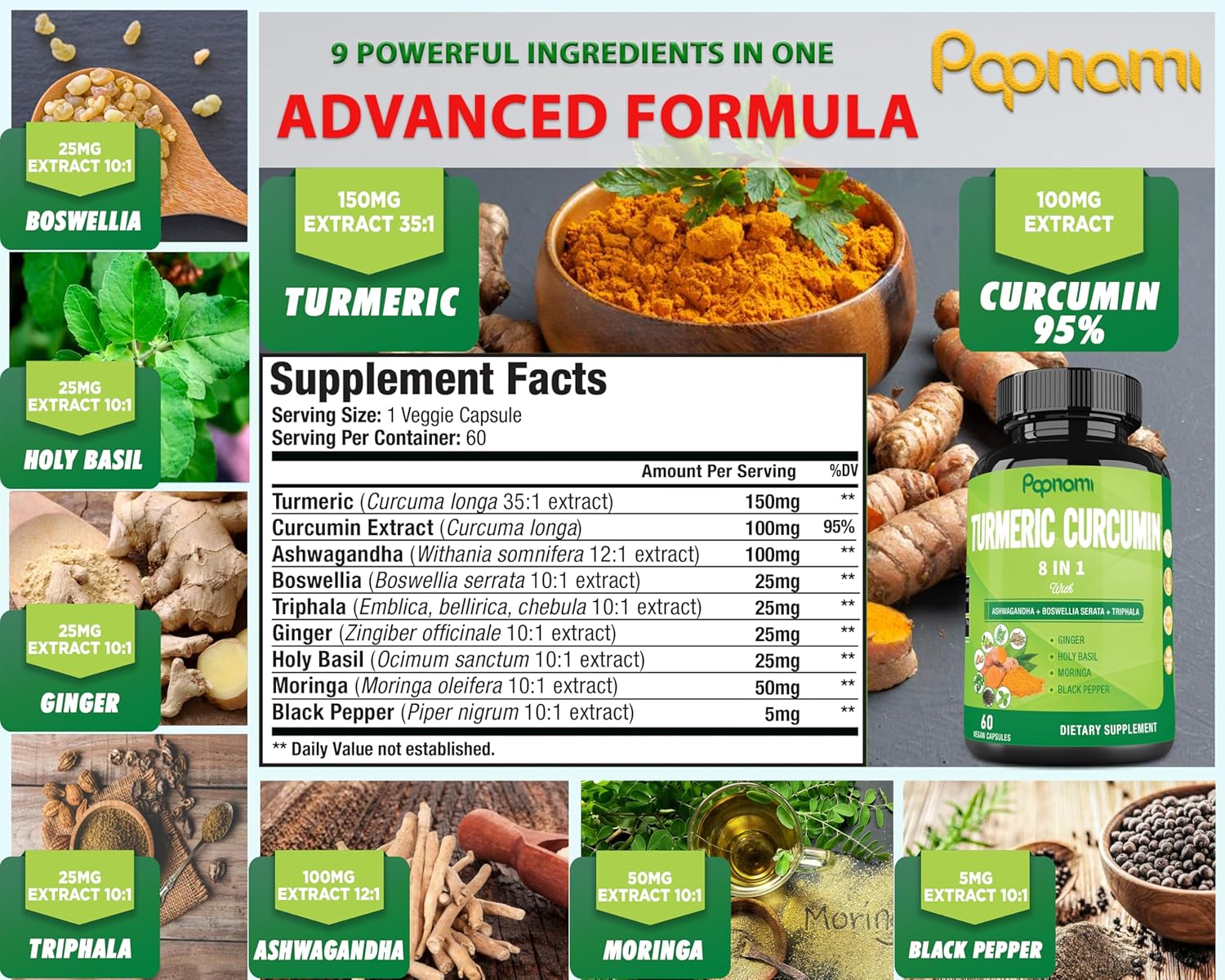 Turmeric Curcumin Supplement 2 Pack - 60 Capsules Each - Immune, Joint, Digestive Support - Ashwagandha, Triphala, Moringa