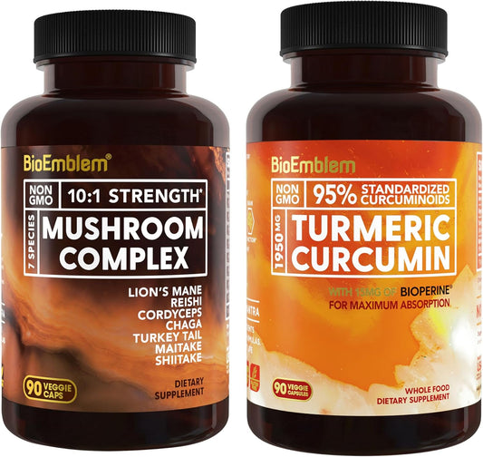 Turmeric Curcumin Supplement with BioPerine and Mushroom Complex by BioEmblem - All-Natural Formula for Joint Support and Immune Health