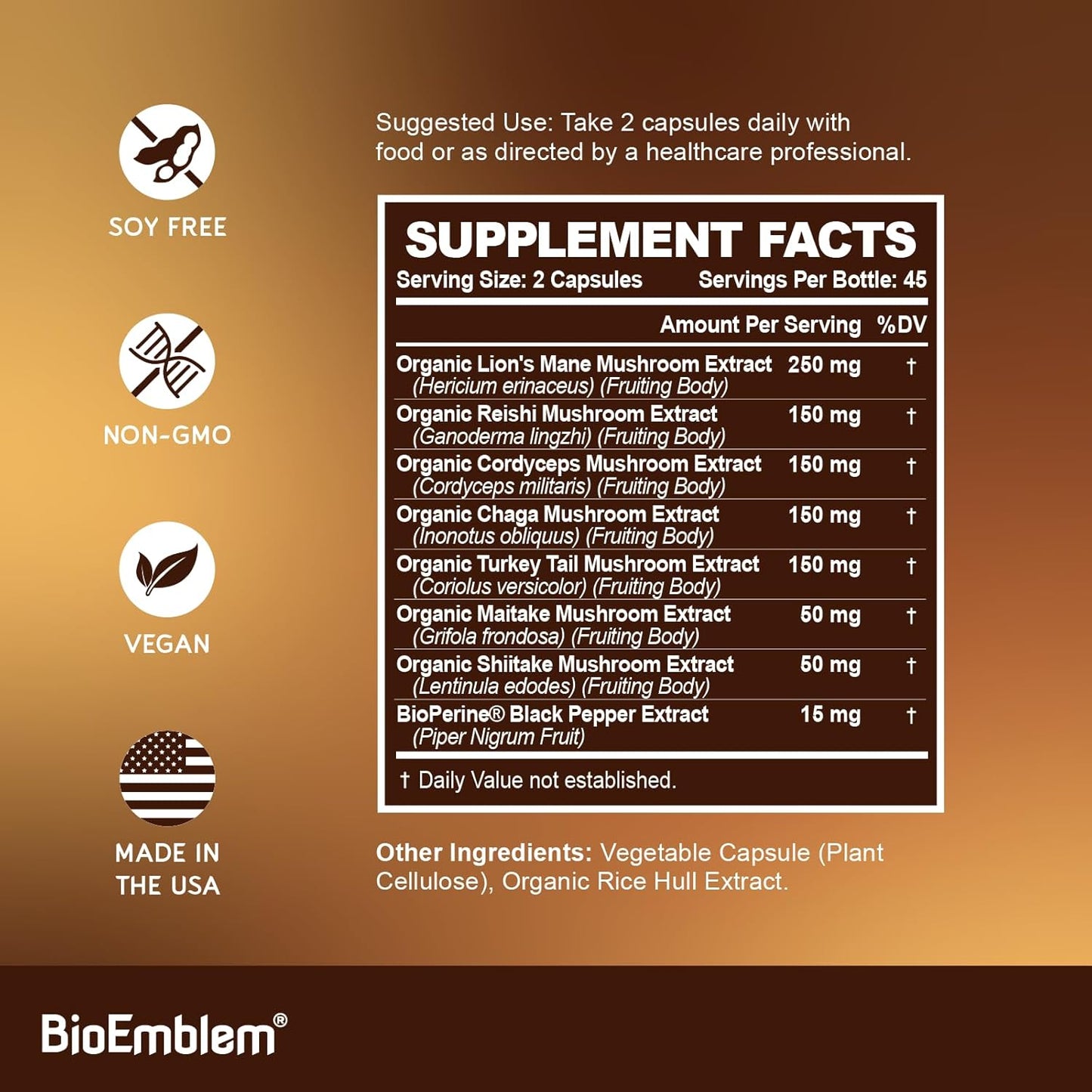 Turmeric Curcumin Supplement with BioPerine and Mushroom Complex by BioEmblem - All-Natural Formula for Joint Support and Immune Health
