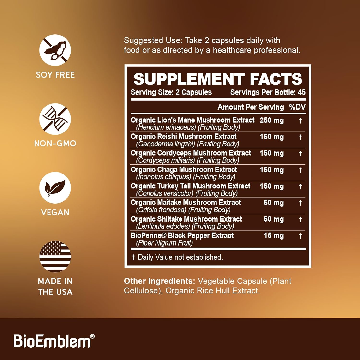 Turmeric Curcumin Supplement with BioPerine and Mushroom Complex by BioEmblem - All-Natural Formula for Joint Support and Immune Health