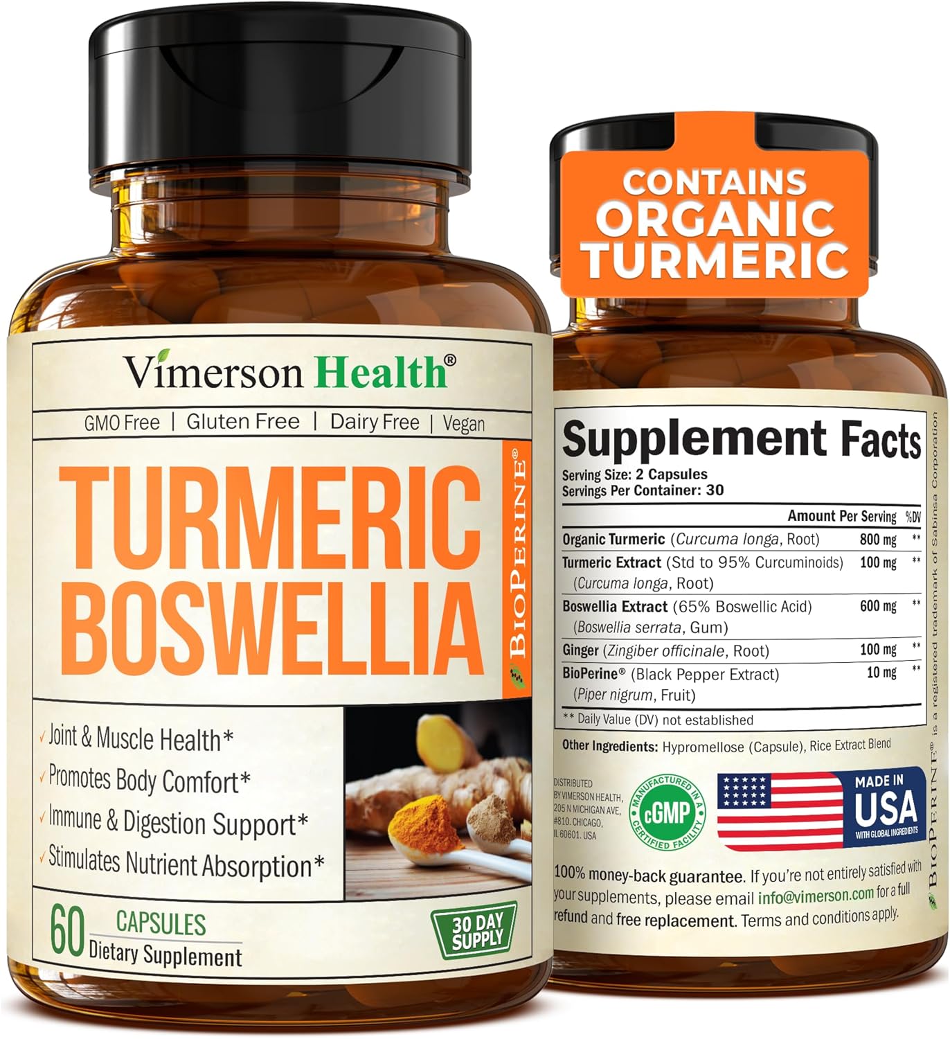 Turmeric Curcumin Supplement with Boswellia Extract and Black Pepper - Organic Turmeric Capsules with Ginger Root - 60 Count