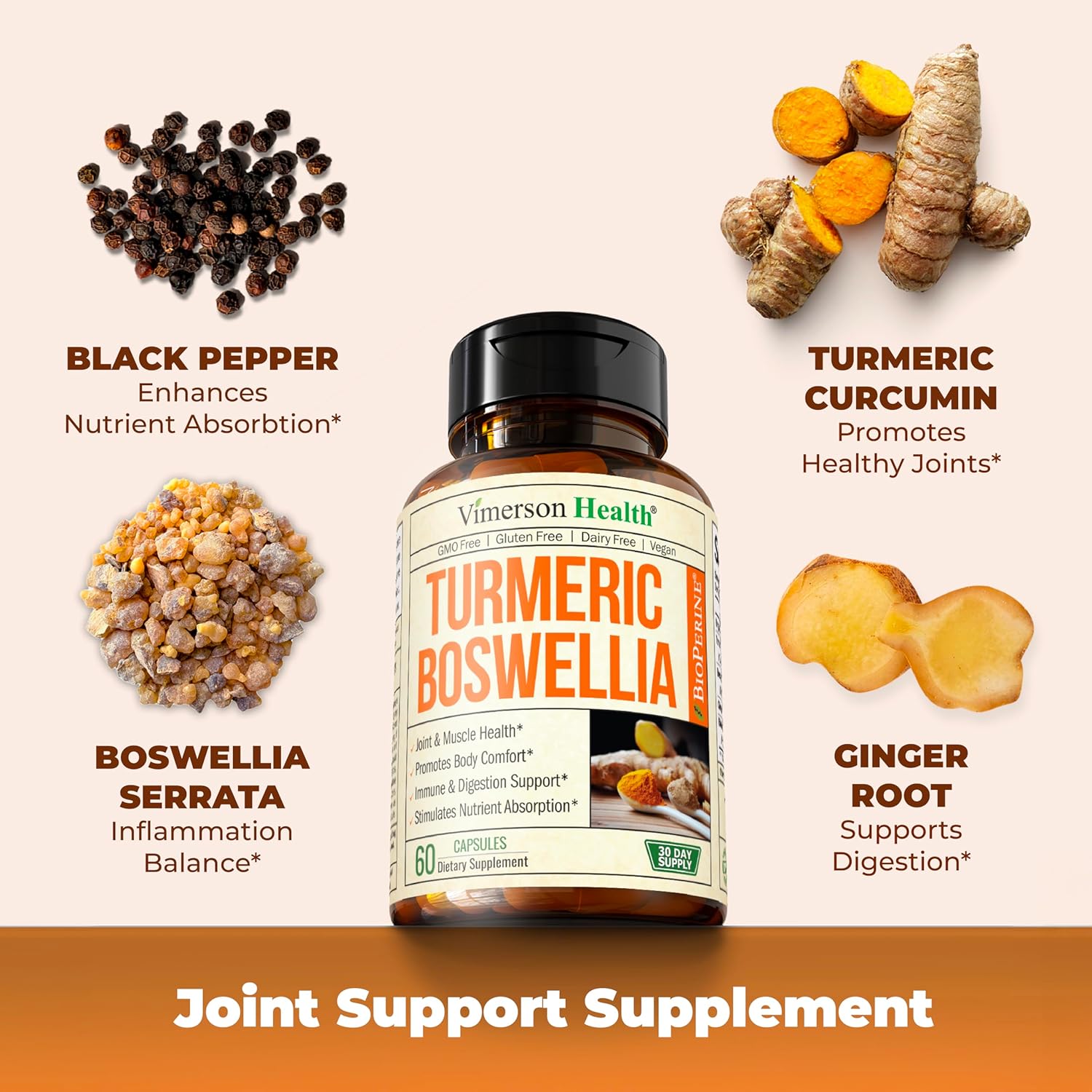 Turmeric Curcumin Supplement with Boswellia Extract and Black Pepper - Organic Turmeric Capsules with Ginger Root - 60 Count